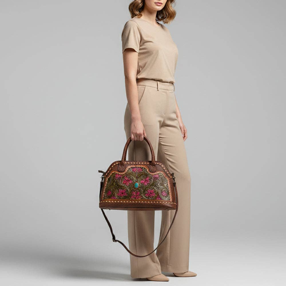 Floral Carved Leather Western Tote Bag with Turquoise Accent