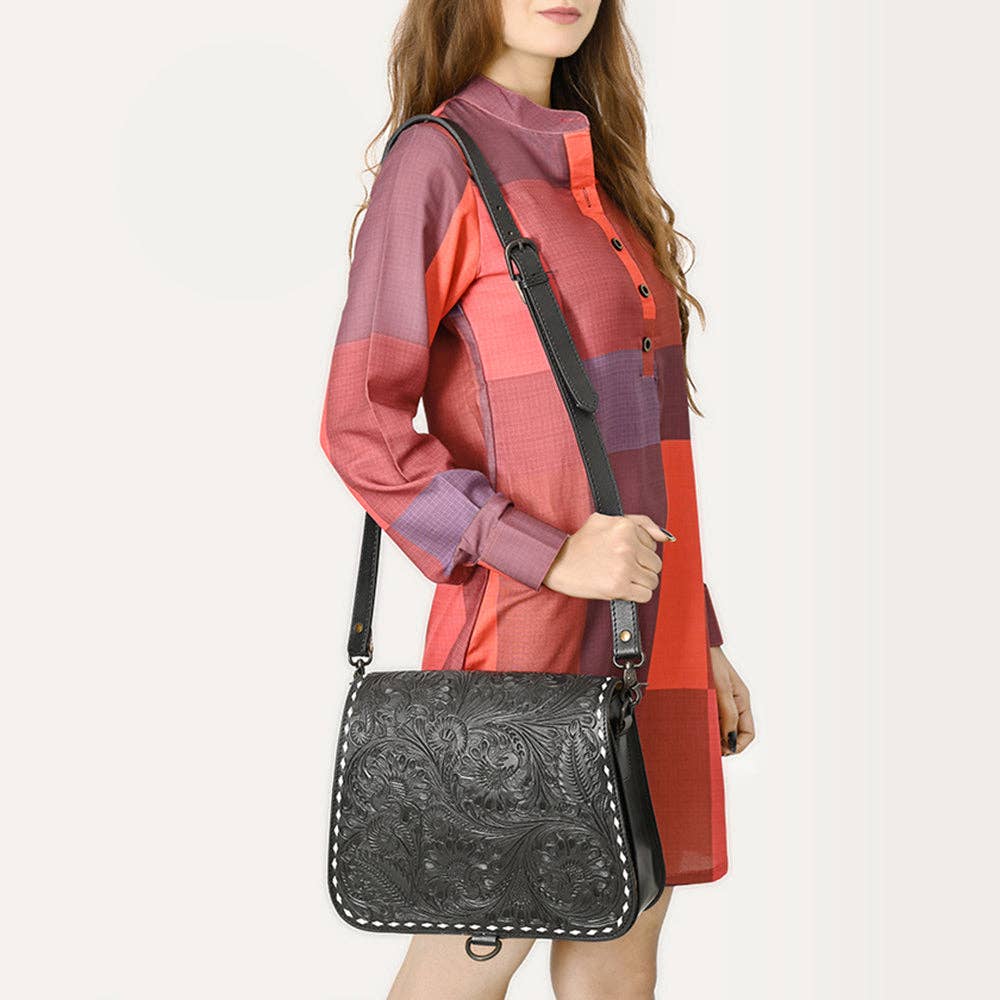 Black Hand-Tooled Leather Crossbody Bag