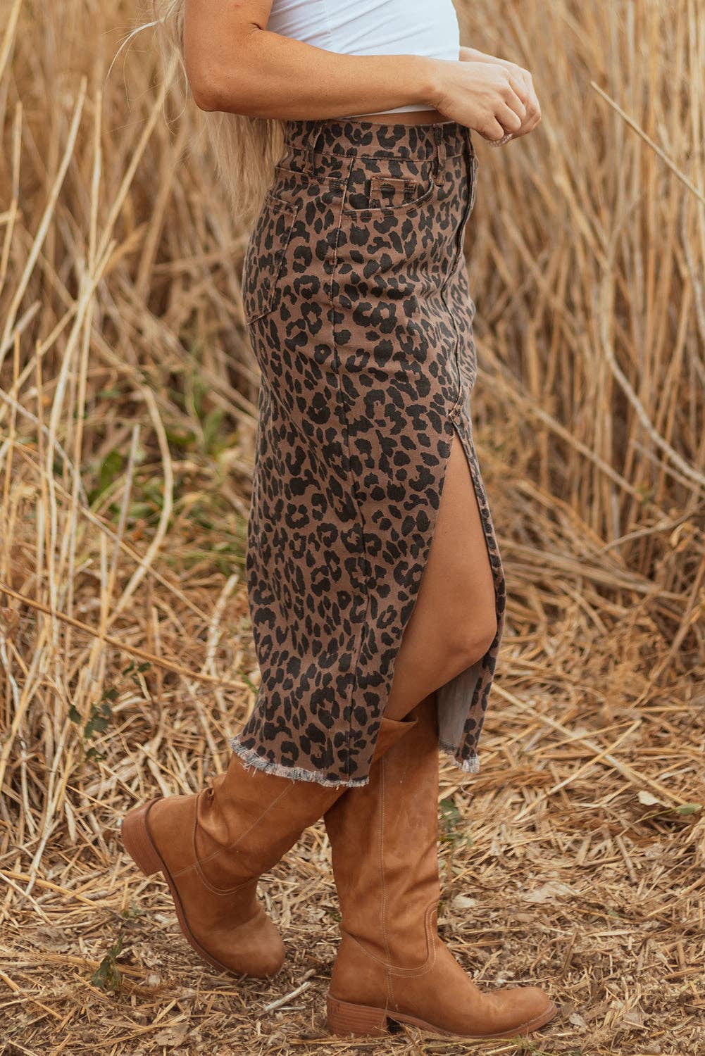 Leopard Frayed Denim Midi Skirt