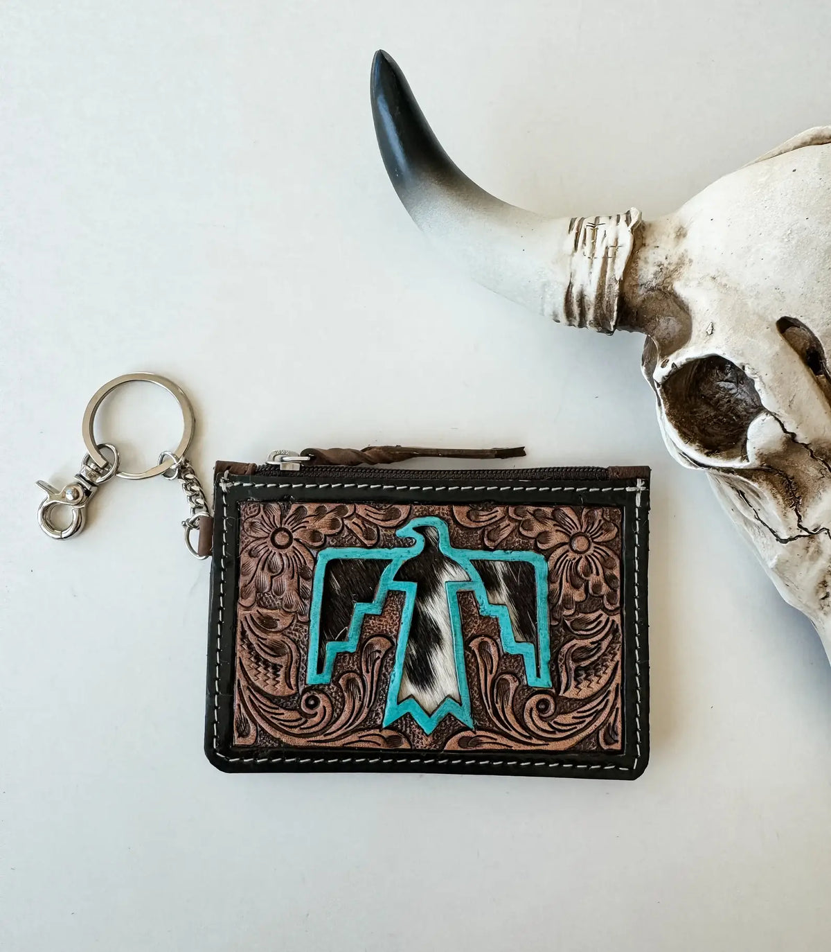Western Cowhide Leather Keychain Wallet Longhorn Thunderbird