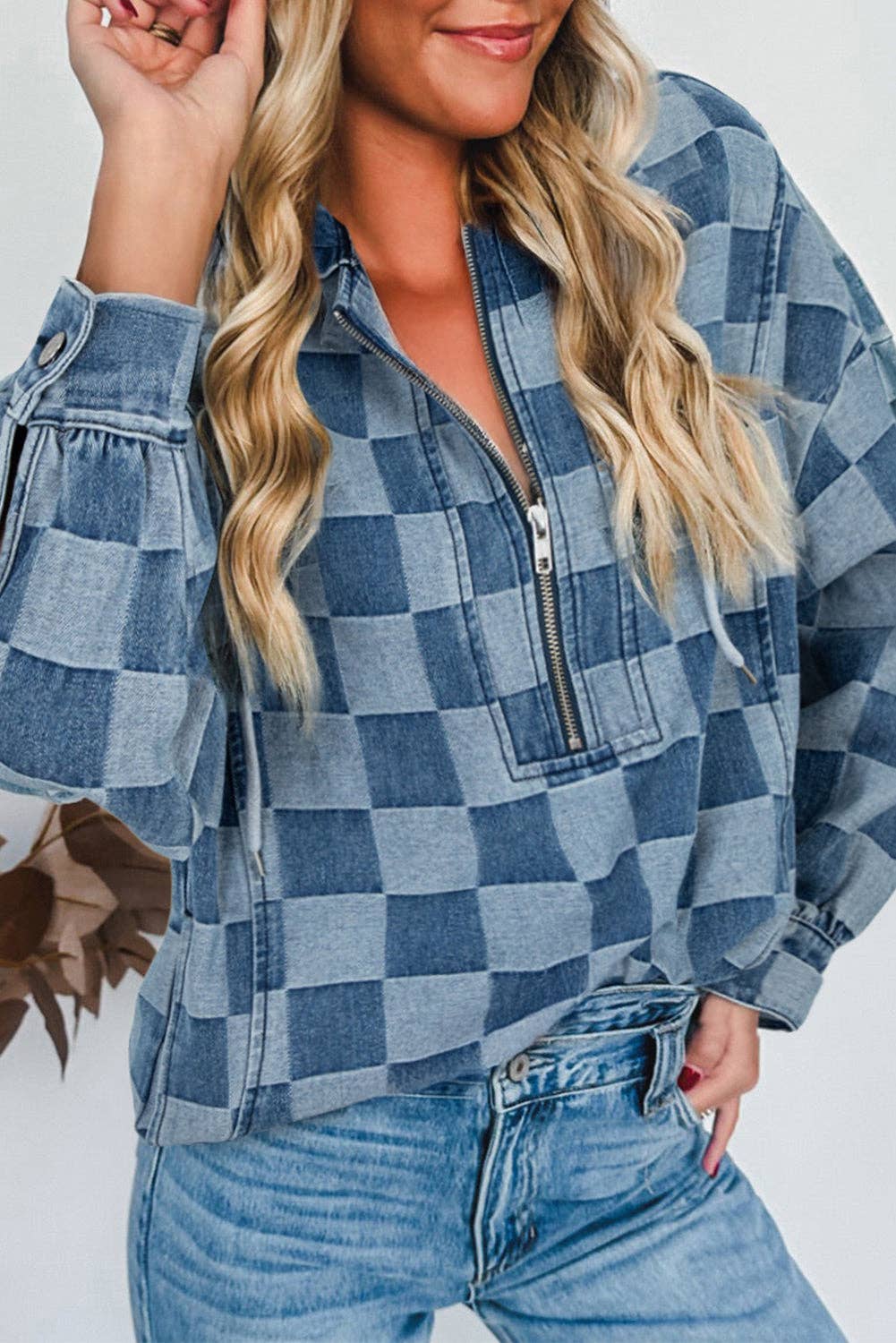 Blue Checkerboard Denim Hoodie